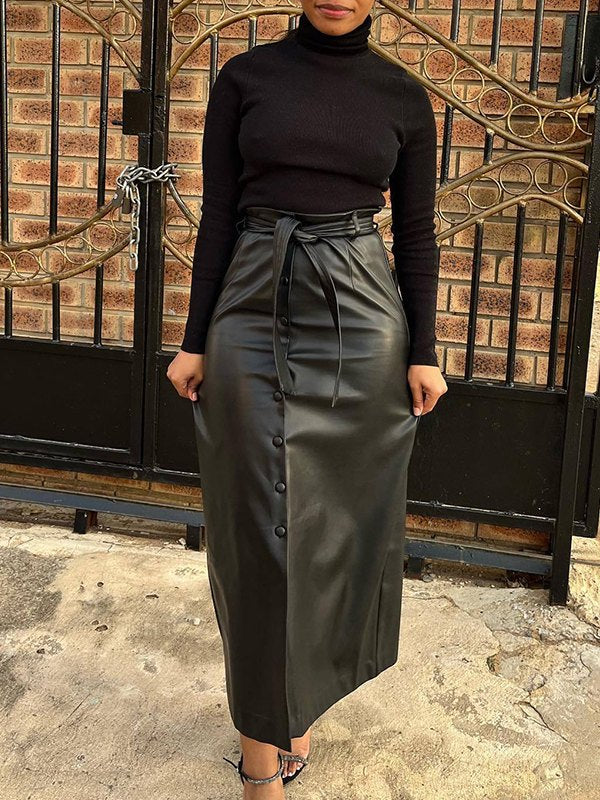 Faux-Leather Belted Skirt--Clearance
